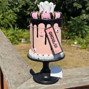NEW Ghoulish 13” Halloween Cake Pastel Pink and Black Ghosts On Pedestal